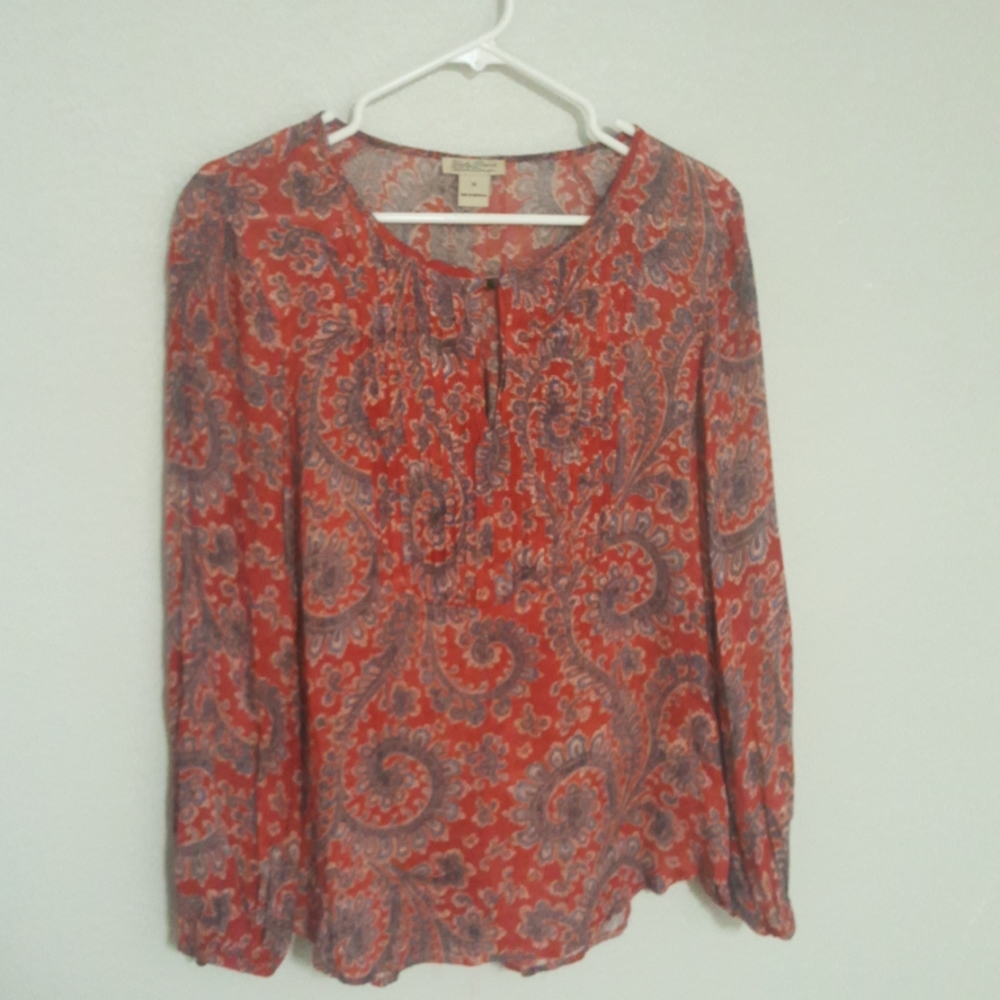 Lucky Brand Floral Print Coral Blouse Peasant Top